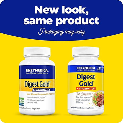 Enzymedica Digest Gold + Probiotics, 2-in-1 Formula for Gut Health, Digestive Enzymes & 1.5 Billion Active Probiotic Cultures, 180 Count