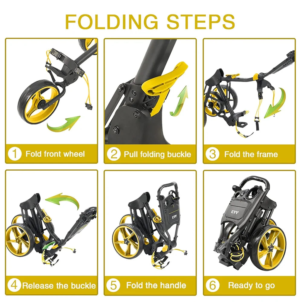 KVV 3 Wheel Golf Push Cart Ultra Lightweight Smallest Folding Size, New-Version Scorecard Holder