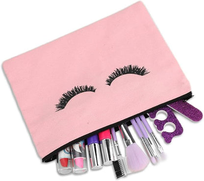 PHOGARY 6PCS Canvas Makeup Pouch, Cosmetic Bag Bulk Travel Make Up Pouch Toiletry Case with Zippered Pocket for Women (Eyelash Pattern) Pink