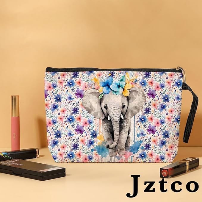Jztco Elephant Cosmetic Bags Elephant Themed Gifts Animal Lover Gifts for Female Farm Girl BFF Best Friend Coworker Toiletry Bag Graduation Mothers Day Birthday Gift Floral Makeup Bag