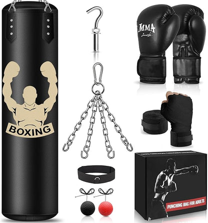 Hanging Punching Bag for Adults, 4FT PU Heavy Bag Boxing Training Equipment with 12OZ Gloves, Reflex Ball, Wristband, Kicking Bag Boxing Set for Training Karate Kickboxing Home Gym(Unfilled)