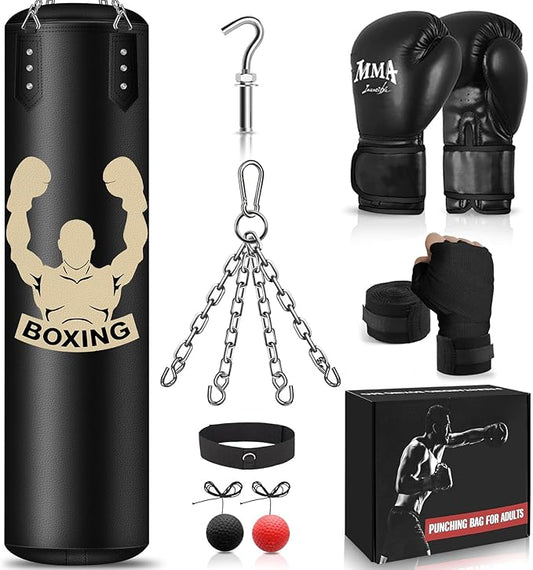 Hanging Punching Bag for Adults, 4FT PU Heavy Bag Boxing Training Equipment with 12OZ Gloves, Reflex Ball, Wristband, Kicking Bag Boxing Set for Training Karate Kickboxing Home Gym(Unfilled)