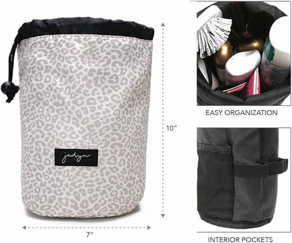 Jadyn Durable Cinch Top Makeup Organizer - Compact Travel Makeup Bag - 7 Interior Pockets for Cosmetics - Drawstring Toiletry Travel Bag for Women - 6L Storage Capacity - (Desert Leopard)