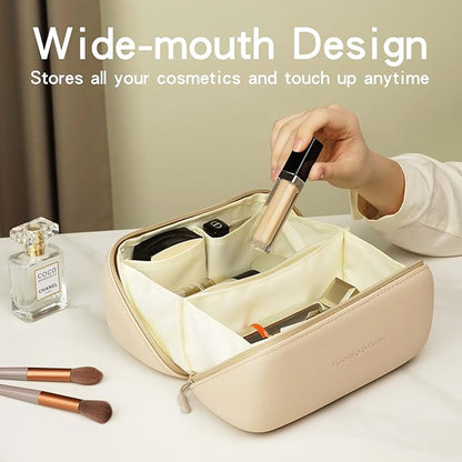 Travel Makeup Bag, Large Capacity Waterproof Cosmetic Bag for Women, Portable Pouch Open Flat Toiletry Bag Make up Organizer with Divider and Handle,Yellow