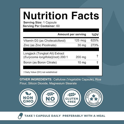 Boron Supplement For Men With Tongkat Ali - Boron 10mg, Vitamin D3, Zinc Picolinate 30mg, Longjack Tongkat Ali For Men - Boron Citrate For Men’s Health - Non GMO, Gluten Free, No Allergens - 60 ct