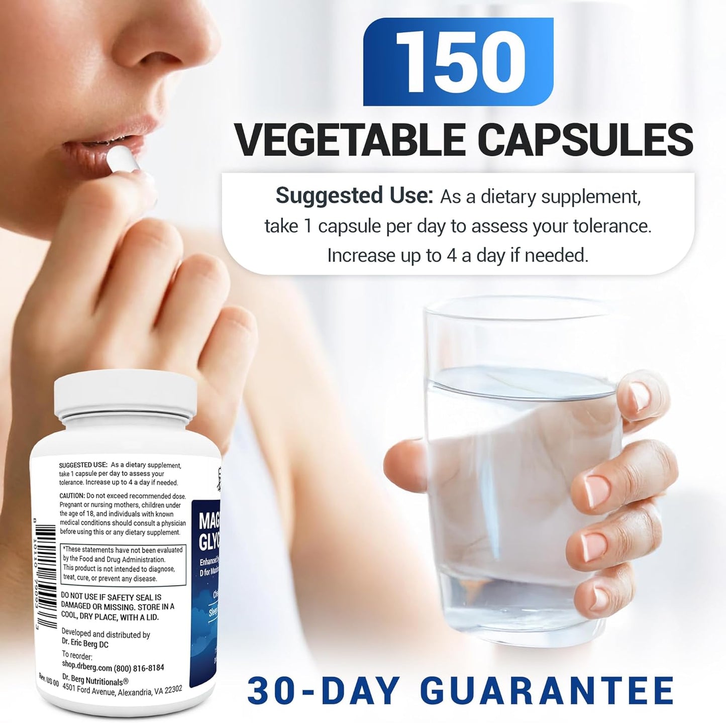 Dr. Berg Maximum Strength 4-in-1 Chelated Magnesium Glycinate with Clean, Potent & Pure Ingredients | 4X Lab-Tested & Verified | USA Formulated Magnesium Supplement Capsules | 150 Capsules