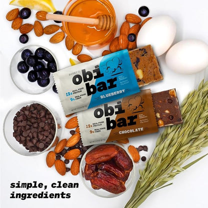 Obi Bar Sampler - Protein and Oat Fiber Bar | All Natural | Meal Bar | Heart and Gut Health | Lightly Sweet | 6 Chocolate and 6 Blueberry | Almond Chunks | Soy Free, Dairy Free | Ideal Meal Replacement Bar