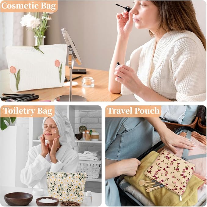 WOZEAH Floral Makeup Bag for Purse Small Cosmetic Pouch,Stylish Zipper Make up Pouch Travel Canvas Toiletry Bags(Small Florals)