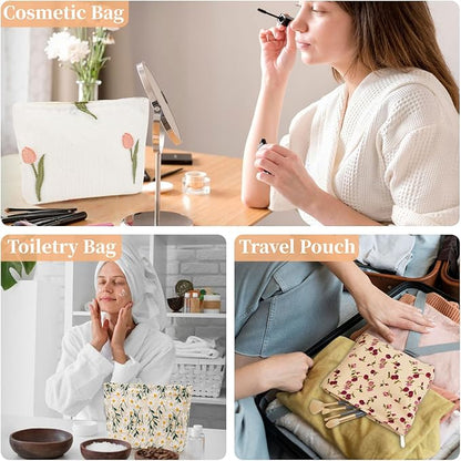 WOZEAH Floral Makeup Bag for Purse Small Cosmetic Pouch,Stylish Zipper Make up Pouch Travel Canvas Toiletry Bags(Small Florals)
