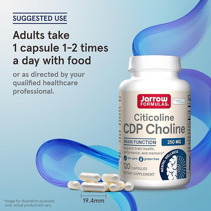 Jarrow Formulas Citicoline CDP Choline 250 MG, CDP Choline Supplement Supports Brain Health, Performance and Memory, 120 Capsules, Up to a 120 Day Supply, Pack of 12