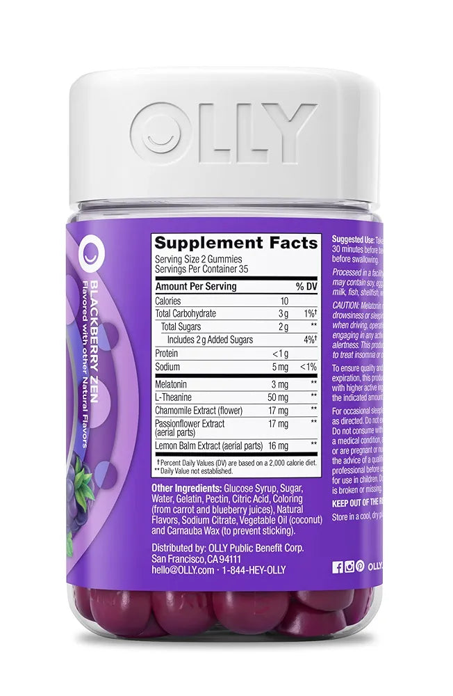 OLLY Sleep Gummy, 3 mg Melatonin, L-Theanine, Chamomile, Lemon Balm, Sleep Aid, Blackberry - 70 Count