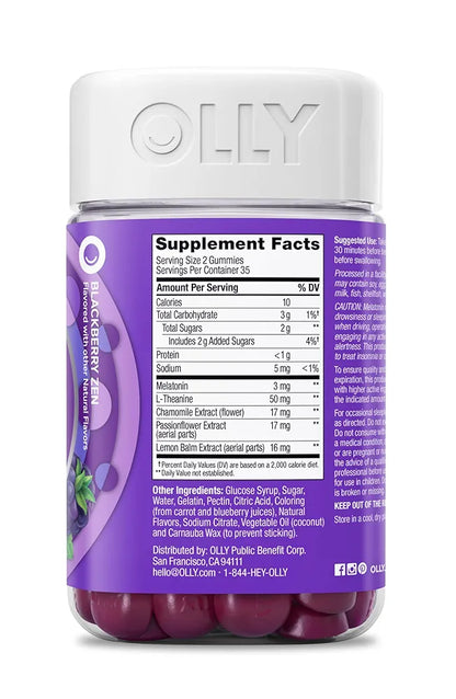 OLLY Sleep Gummy, 3 mg Melatonin, L-Theanine, Chamomile, Lemon Balm, Sleep Aid, Blackberry - 70 Count