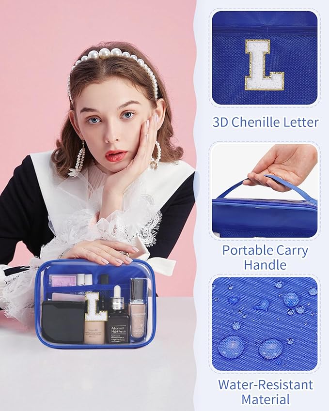 Wandering Nature Clear Makeup Bags 2 Pack Personalized Initial Makeup Pouch Preppy Small Cosmetic Pouch Organizer Travel Toiletry Bag, Birthday Gifts for Girlfriend Women