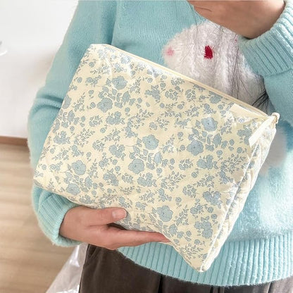FITINI 2 Pcs Makeup Bag Large Cosmetic Bags Portable Travel Toiletry Case Organizer Cute Small Brushes Storage Pouch with Zipper for Women Purse,Quilting Blue Flower