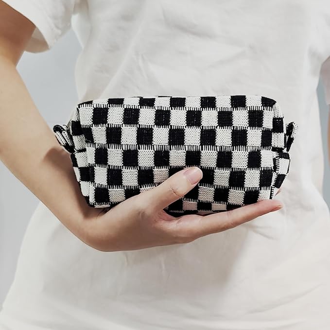 Small Cute Checkered Makeup Bag - Portable Cosmetic Pouch with Zipper, Travel Toiletry Bag, Purse Organizer, Beauty Storage, Black