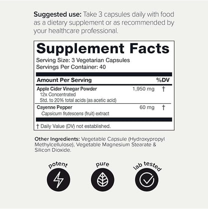 Toniiq 20% Acetic Acid Ultra High Strength Non-GMO Apple Cider Vinegar Capsules with Mother - 2,010mg Formula Pills with Cayenne Pepper -12x Potent - 120 Capsules