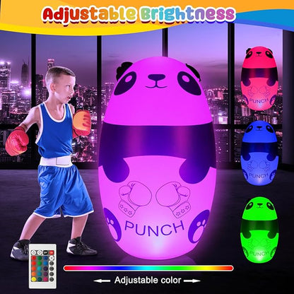 Punching Bag for Kids with Boxing Gloves - 120cm Light Up Panda Kids Punching Bag Inflatable Stress Relief Toy for 3-9 Year Olds - BPA-Free (3xAAA Batteries Not Included)