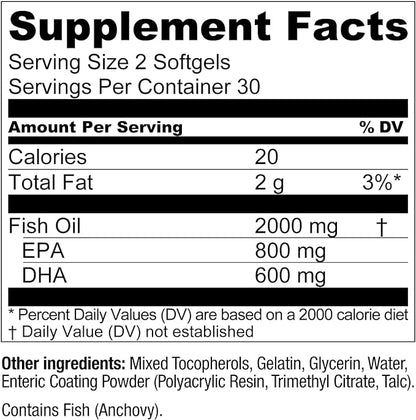 OmegaWell Omega 3 Fish Oil - 2000mg Capsules: Heart, Brain, & Joint Support - 800 mg EPA 600 mg DHA - Sustainably Sourced - Omega 3 Fish Oil Mini Softgels - 30 Day Supply