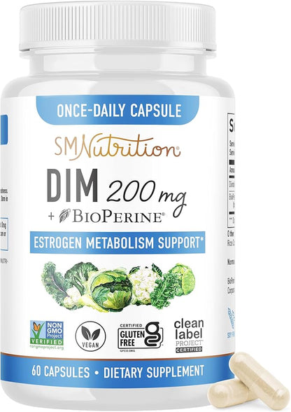 DIM Supplement 200 mg | Estrogen Balance for Women & Men | Hormonal Acne Support, Hormone Balance, Menopause Support, Antioxidant Support | Clean Label Project Certified, Vegan, Soy Free | 60 Ct.