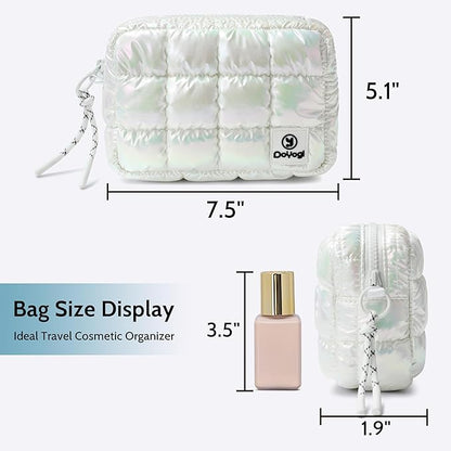 Quilted Cosmetic Bag, Puffer Makeup Bags, Crossbody Purses for women,Cute Travel Toiletry Bag for Women (Dazzling White)