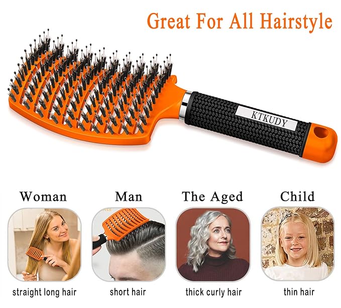 KTKUDY Detangling Brush Boar Bristles Hair Brush Make Hair Shiny & Healthier Curved and Vented Detangler Brush for Women Men Kids Wet and Dry Hair (Orange)