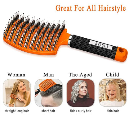 KTKUDY Detangling Brush Boar Bristles Hair Brush Make Hair Shiny & Healthier Curved and Vented Detangler Brush for Women Men Kids Wet and Dry Hair (Orange)