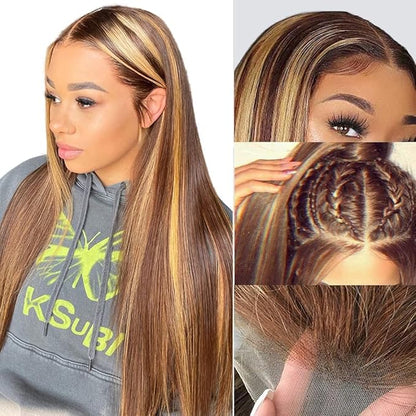 FABA Highlight Lace Front Wig Human Hair 32 Inch #4/27 Colored Lace Front Wig 13x4 HD Straight Human Hair 180% Density Ombre Brown with Human Hair Baby Hair