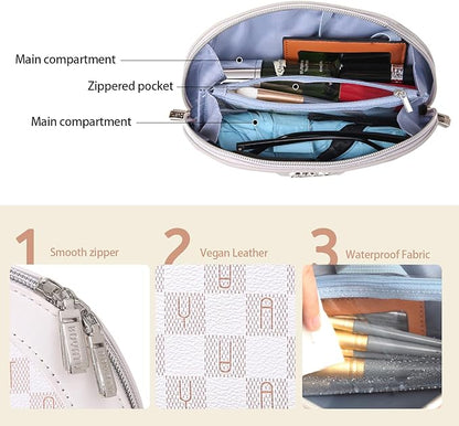 Small Makeup Bag for Purse Cosmetic Bag: Checkered Make up Bag for Women - Cute Preppy Skincare Bags for Evening - Waterproof Travel Pouch for Toiletry Organizer with Mirror & Zipper(024-White)
