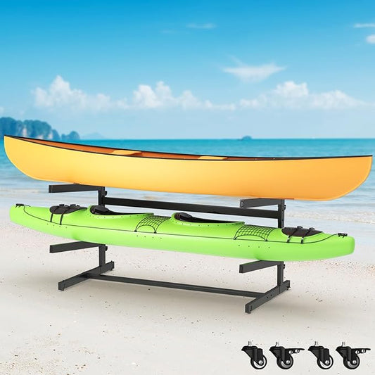 Kayak Storage Rack, Heavy Duty Adjustable Freestanding Kayak Stand with Wheels or Protection Pad for Kayaks, SUPs, Canoe and Paddleboard Kayak Rack for Indoor & Outdoor Use