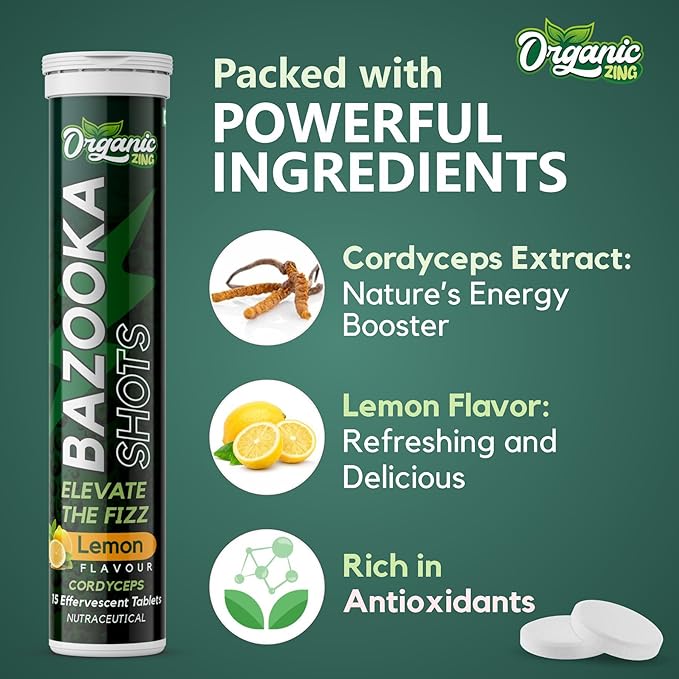 Bazooka Energy Effervescent Tablets - Energy Boost, Pre-Workout, No Crash, & Boost Immunity with Cordyceps Extract - Lemon Flavor, 15 Tablets