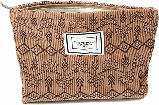 Flower Fabric Makeup Bag for Purse, Vintage Corduroy Cosmetic Pouch Bag, Portable Travel Handbag for Women Girls (Vintage Khaki)