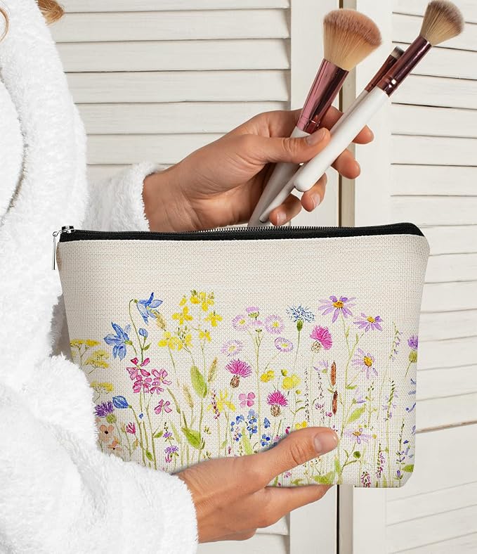 Cottagecore Watercolor Wildflowers Colorful Meadow Flowers Makeup Bag,Colorful Floral Cosmetic Bag Best Gift Idea for Flower Lovers Girls Women Mom,Birthday Mother's Day Gifts for Mom