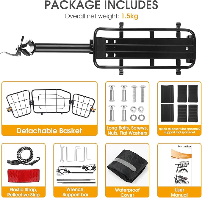 Rear Bike Rack with Basket, 165 LB Load - Aluminum Alloy Cargo Rack for Back of Bike with Free Bungee Cord & Waterproof Cover & Installation Tool