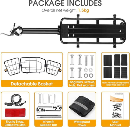 Rear Bike Rack with Basket, 165 LB Load - Aluminum Alloy Cargo Rack for Back of Bike with Free Bungee Cord & Waterproof Cover & Installation Tool