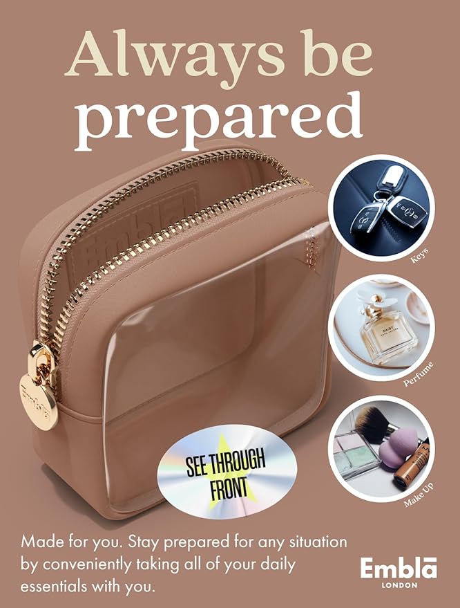 Embla Clear Cosmetic Bag Makeup Case, Clear Zipper Make Up Pouch and Toiletry Travel Tote, Cute Skincare Pouches for Women Girls, Preppy Purse Cosmetic Organizer, Mini Makeup Bags, Mocha Mousse