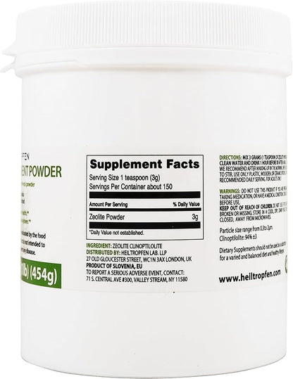 Zeolite Powder | Dietary Supplement 1 lb - 454 g | Detox | Clinoptilolite 94%+-3 | 3X Activated | Natural Mineral Dust | Ultra FINE Less-Than 2 µm