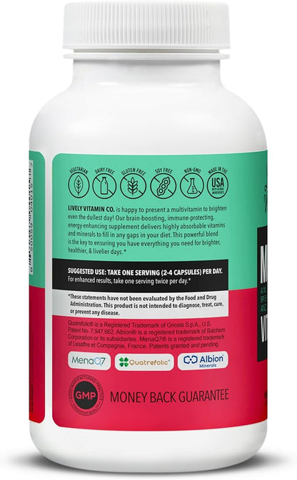 LIVELY VITAMIN CO. Multivitamin - 37 Vitamins Minerals and Extracts - Energy - Memory - Immune Function - Heart- Brain - Focus - Mood - Antioxidants - Dairy Gluten Soy Free - 60 Vegetarian Capsules