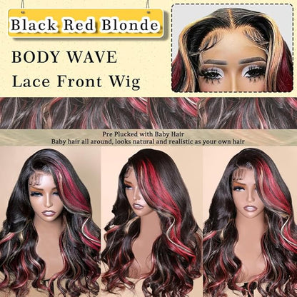 FABA Skunk Stripe Wigs Black Red Blonde Highlights Wig Human Hair 32 inch 13x4 HD Lace Front Human Hair 180% Density Black and Red Wig Highlight Body Wave Pre Plucked with Baby Hair