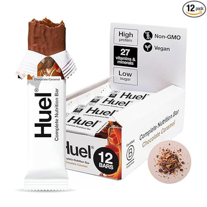Huel Complete Nutrition Vegan Protein Bars | Chocolate Caramel | 13g Protein, 27 Vitamins and Minerals, 2g Sugar, Non-GMO, 100% Plant Based Snack | 12 Pack