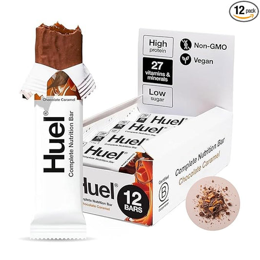 Huel Complete Nutrition Vegan Protein Bars | Chocolate Caramel | 13g Protein, 27 Vitamins and Minerals, 2g Sugar, Non-GMO, 100% Plant Based Snack | 12 Pack