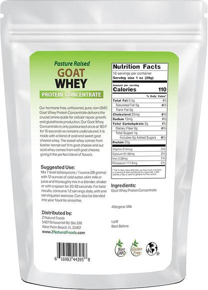 Z Natural Foods Goat Whey Protein Powder Concentrate - Undenatured, Unflavored, Pasture Raised Whey - Clean Goat Protein Powder with Vital Proteins for Weight Management, Immune Support, Fitness, 1 lb