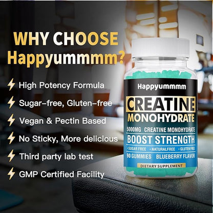 Creatine Monohydrate Gummies 5000mg for Men & Women, Chewables Creatine Monohydrate for Muscle Strength, Muscle Builder, Energy Boost, Pre-Workout Supplement(90 Count)-Blueberry