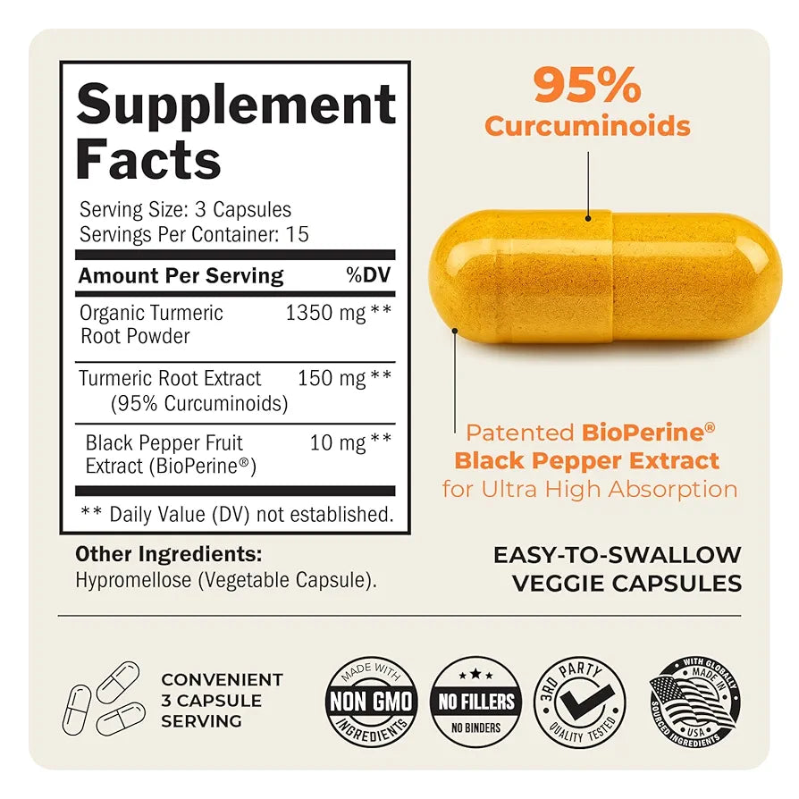 Turmeric Curcumin with Black Pepper Extract 1500mg - High Absorption Ultra Potent Turmeric Supplement with 95% Curcuminoids and BioPerine - Non GMO Tumeric Capsules for Joint Support - 45 Capsules