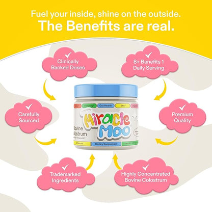 Colostrum Supplement for Gut Health, Hair Growth, Beauty and Immune Support - Easy to Mix Grass Fed Bovine Powder - Highest IgG Plus ImmunoLin, Unflavored 60 Servings