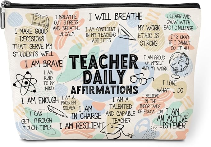 Daily Affirmations for Women Makeup Bag Teacher Gifts Teacher Appreciation Gifts Mental Health Gifts for Female Teacher Friend Counselor Coworker Birthday Friendship Graduation Travel Toiletry Bag