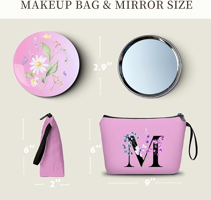 SEAMOON Women Birthday Maid of Honor Monogrammed Gifts for Bride Bridesmaid Sister Friend Her Teacher Makeup Cosmetic Bag with Mirror Mothers Day Christmas Graduation M