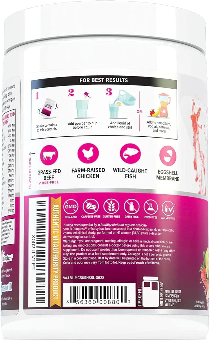Multi Collagen Burn: Multi-Type Hydrolyzed Collagen Protein Peptides with Hyaluronic Acid, Vitamin C, SOD B Dimpless, Types I, II, III, V and X Collagen, Caffeine-Free (Strawberry Lemonade)