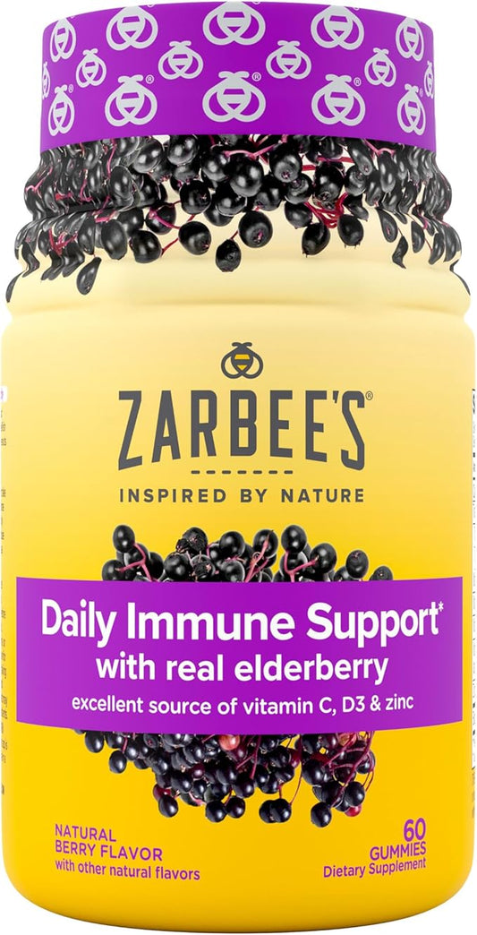Zarbee's Elderberry Gummy Daily Immune Support Supplement with Vitamins A, C, D, E & Zinc, Black Elderberry Fruit Extract, Natural Berry Flavor, 60 Count