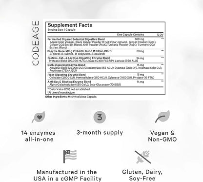Codeage Fermented Digestive Enzymes Supplement 3-Month Supply - 14 Digestive Enzymes, Probiotics, Prebiotics, Fermented Botanicals, Plant-Based Multi Pancreatic Enzymes - 1 Capsule a Day - 2-Pack