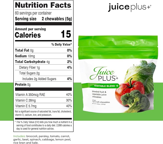 JuicePlus+ Vegetable Blend Soft Chews (Chewables) - Delicious Vegan Gummies with 11 Nutrient-Rich Vegetables for Daily Wellness! Boost Intake of Vitamins & More - For Kids & Adults-(30 Adult Servings)